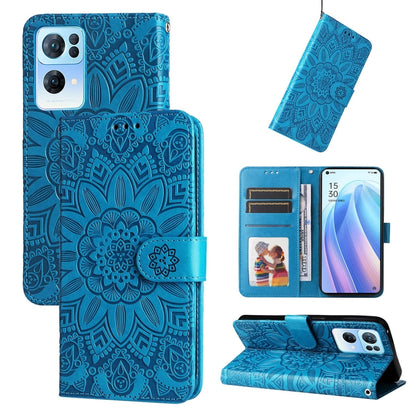 Embossed sunflower leather phone case, blue folio with card slots and stand