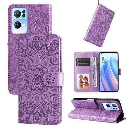 Embossed sunflower leather phone case, purple folio with card slots and kickstand