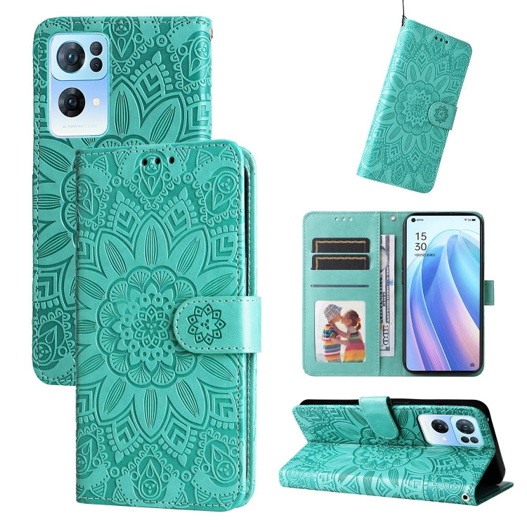 Embossed sunflower leather phone case, teal green folio with card slots and stand