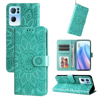 Embossed sunflower leather phone case, teal green folio with card slots and stand