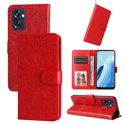 Red embossed sunflower leather phone case folio wallet with card slots and kickstand