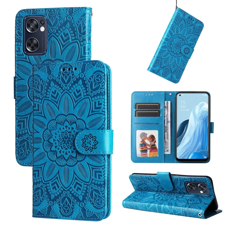 Blue embossed sunflower leather phone case folio wallet with card slots and kickstand