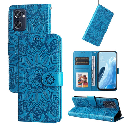 Blue embossed sunflower leather phone case folio wallet with card slots and kickstand