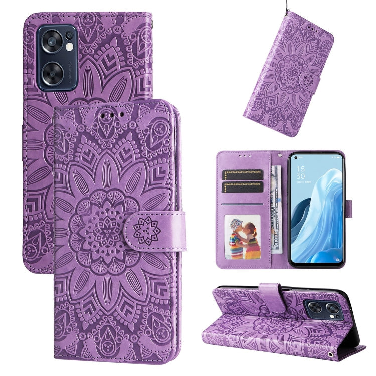 Purple embossed sunflower leather phone case folio wallet with card slots and stand