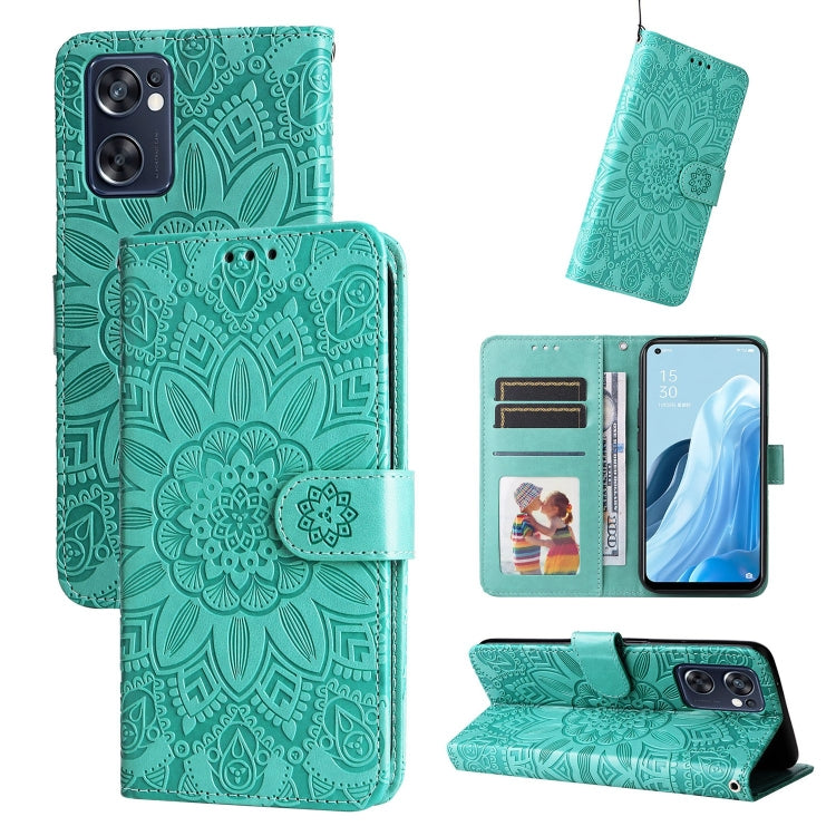Green embossed sunflower leather phone case folio wallet with card slots and stand