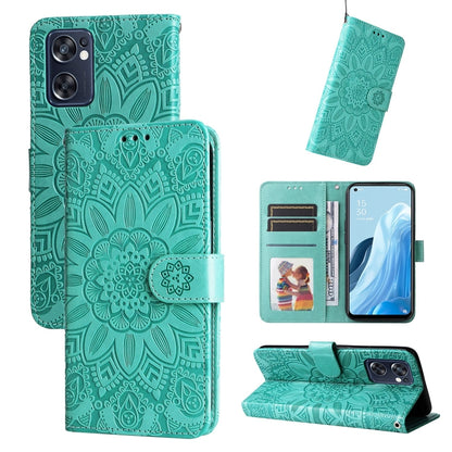 Green embossed sunflower leather phone case folio wallet with card slots and stand