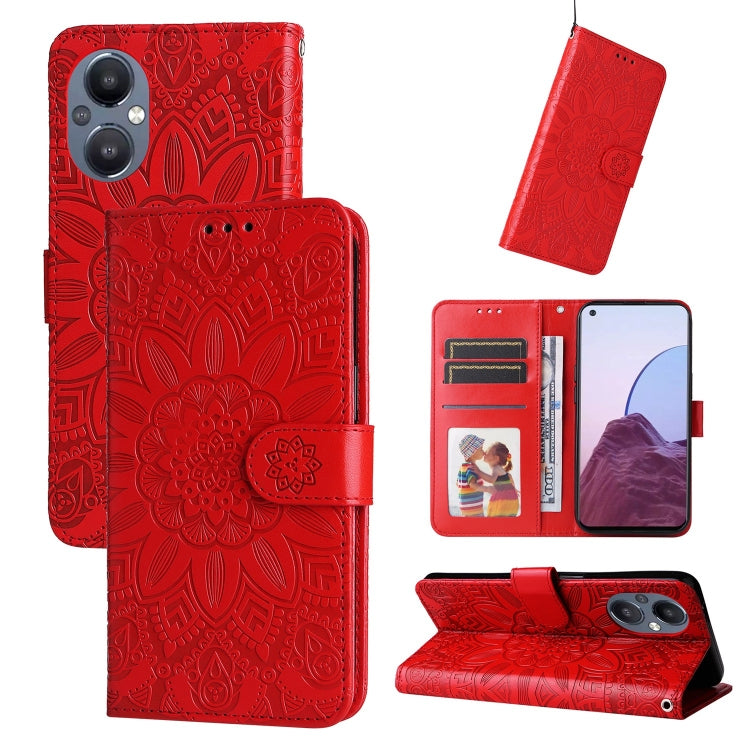 Red embossed sunflower leather phone case folio wallet with card slots and stand
