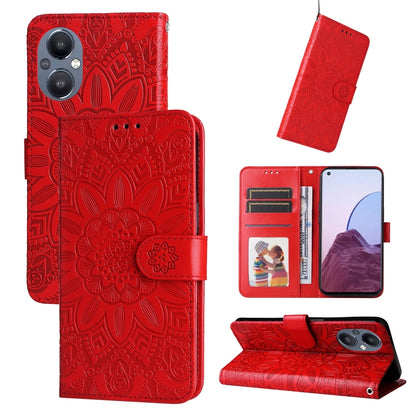 Red embossed sunflower leather phone case folio wallet with card slots and stand