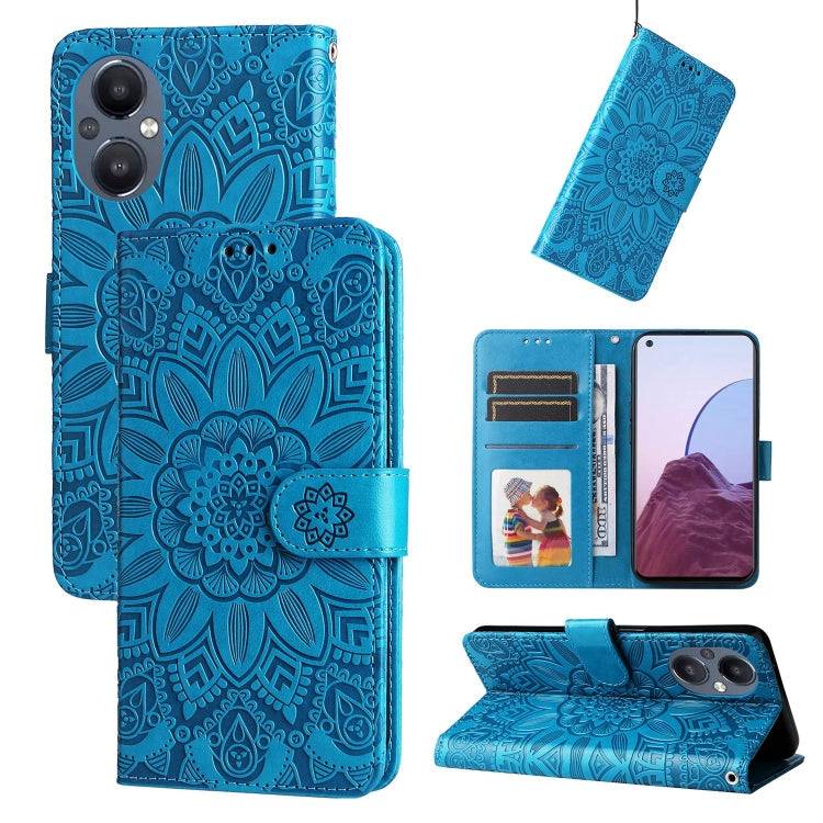 Blue embossed sunflower leather phone case folio wallet with card slots and kickstand