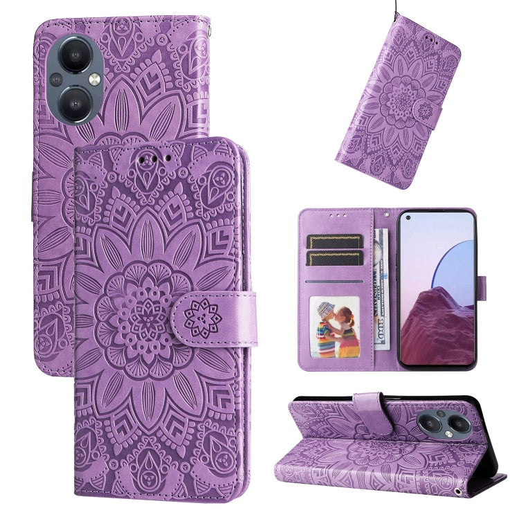 Purple embossed sunflower leather phone case folio wallet with card slots and stand