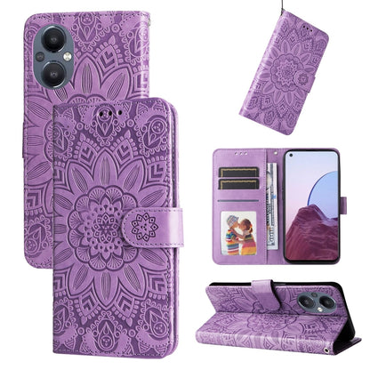 Purple embossed sunflower leather phone case folio wallet with card slots and stand