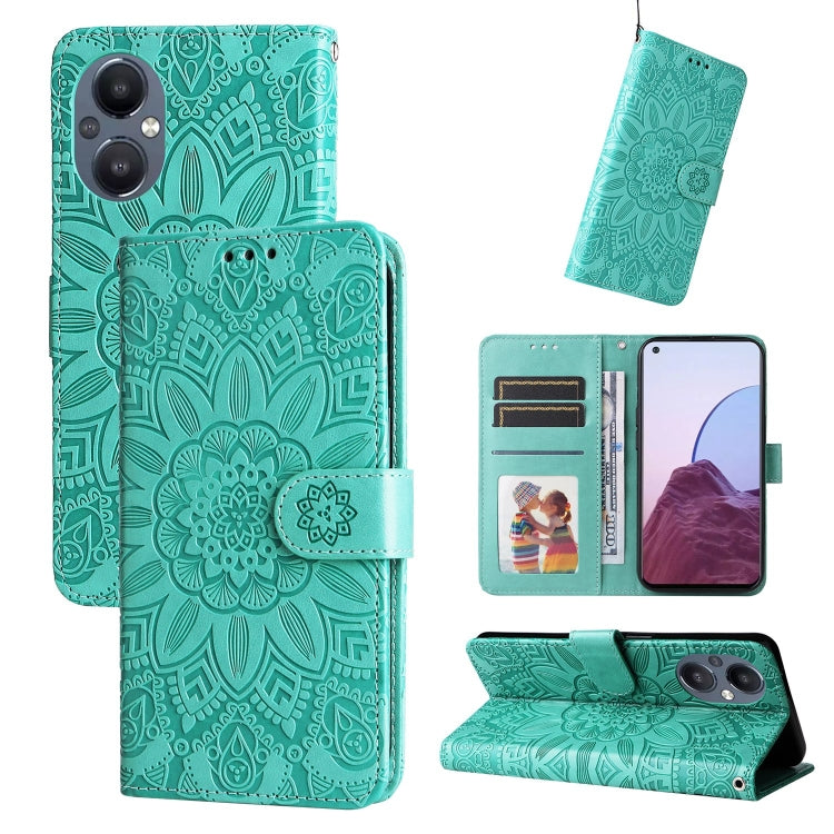 Teal embossed sunflower leather phone case folio wallet with card slots and kickstand