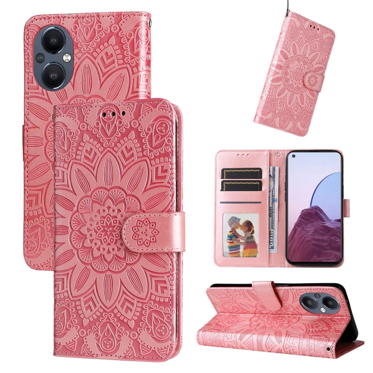 Embossed sunflower leather folio phone case with card slots and stand, pink/red.