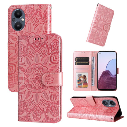 Embossed sunflower leather folio phone case with card slots and stand, pink/red.