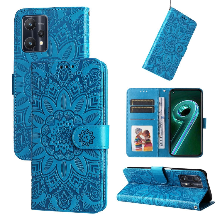 Embossed sunflower leather folio phone case with card slots and stand, blue.