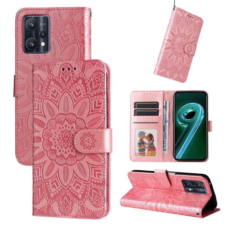 Embossed sunflower leather folio phone case with card slots and stand, rose pink.