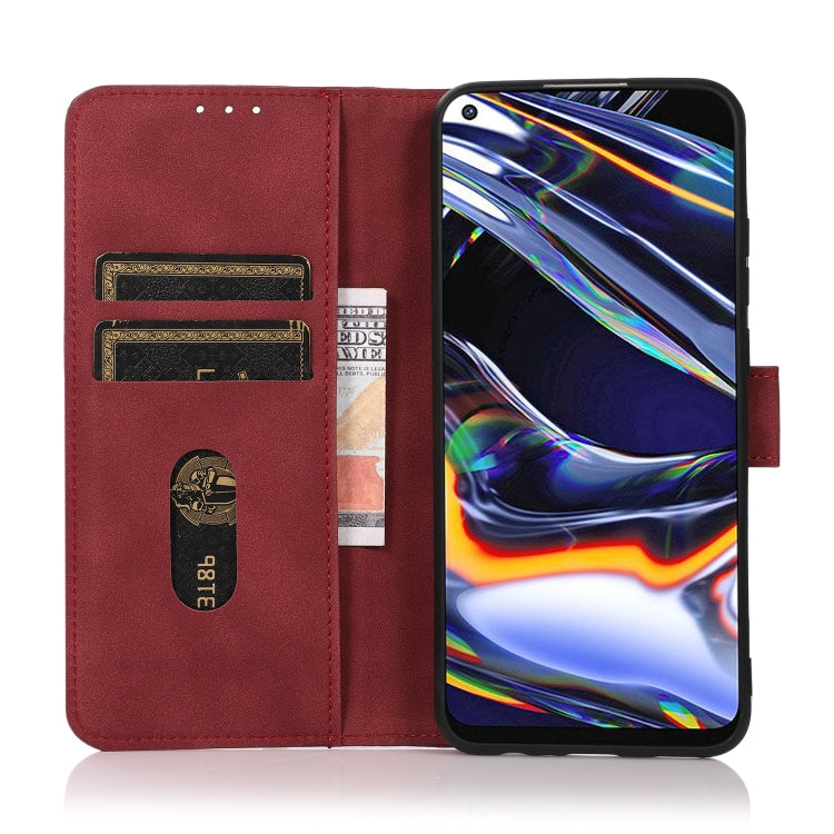 Red matte leather folio phone case opened to show card slots and phone fit