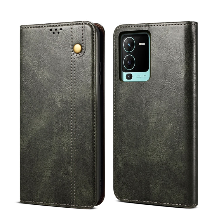 Green crazy horse leather phone case with card pocket, snap flap, and stitched edges.
