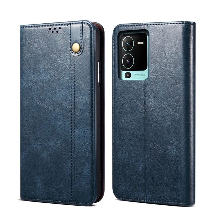 Blue crazy horse leather phone case with snap button, stitched front, and camera cutout.