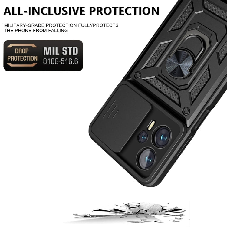 Black sliding camera phone case with protective lens cover and rugged edge armor