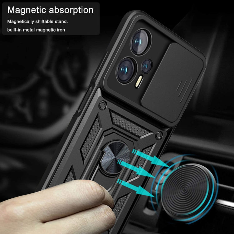 Black sliding camera phone case with magnetic metal stand and lens shutter cover