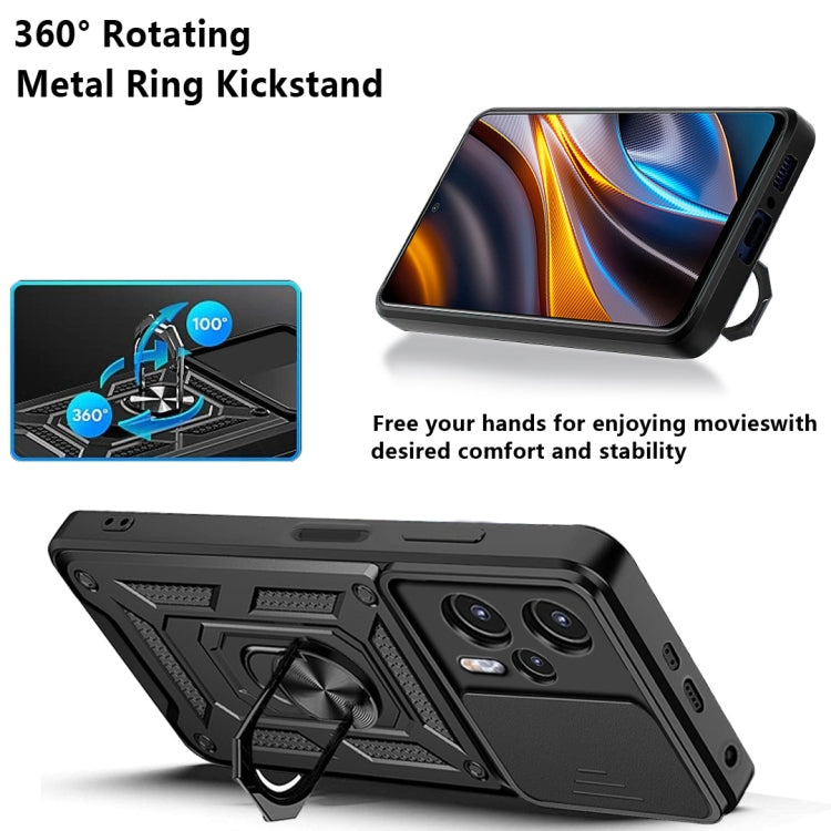 Black sliding camera phone case with 360° rotating metal ring kickstand