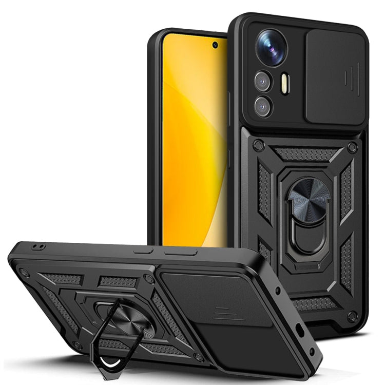 Black sliding camera phone case with TPU+PC armor and camera shutter lens cover