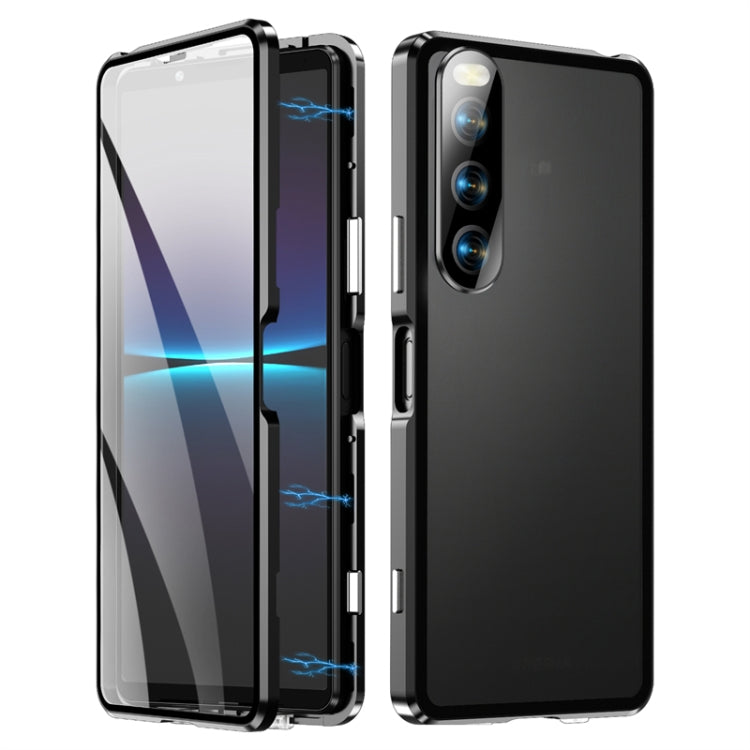 Magnetic tempered glass phone case with metal frame, black and clear front cover