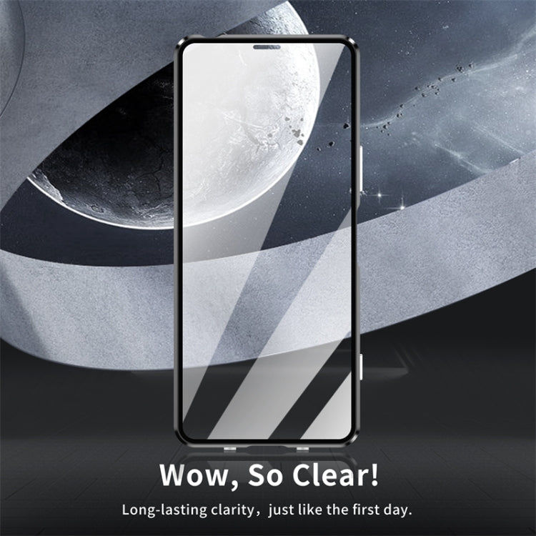 Magnetic tempered glass phone case, black metal frame with clear front panel