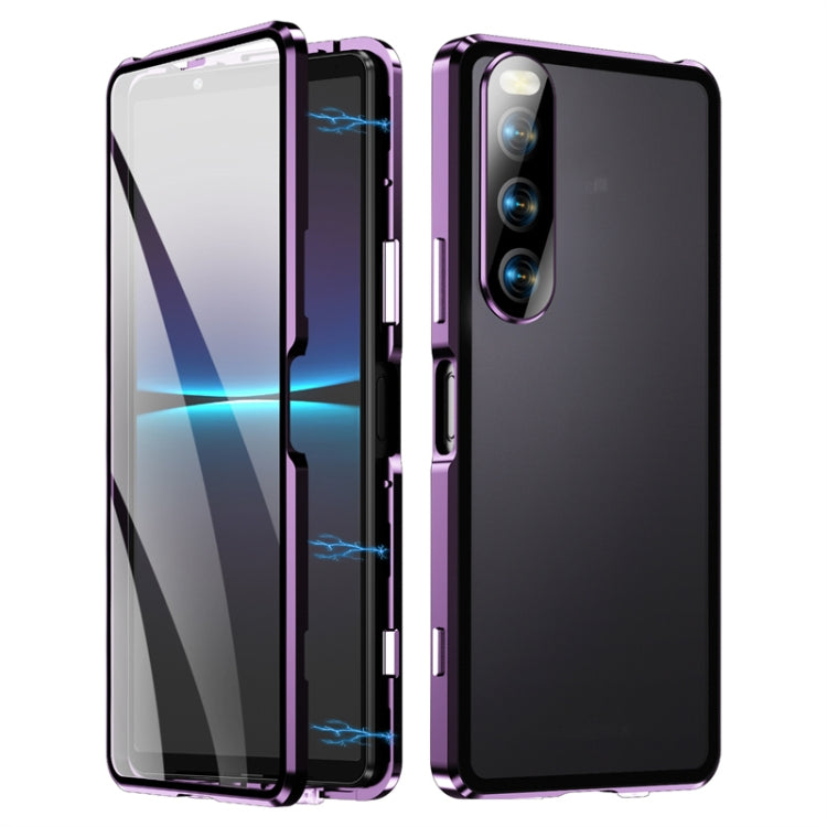 Magnetic tempered glass phone case with metal frame, purple and clear front cover