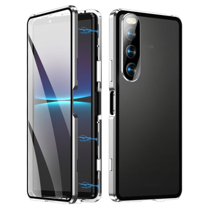Magnetic tempered glass phone case with metal frame, silver and black with clear front