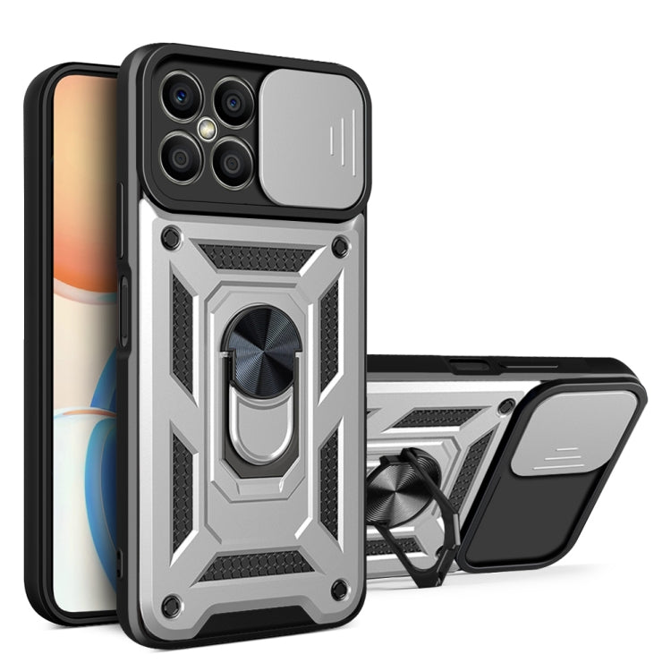 Rugged silver phone case with sliding camera cover and kickstand (TPU+PC)