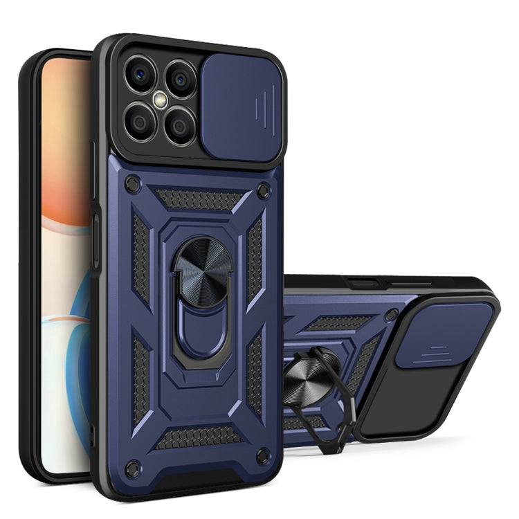 Rugged blue phone case with sliding camera cover and kickstand (TPU+PC)