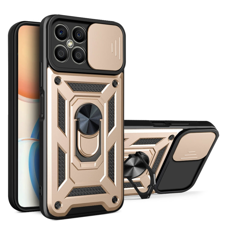 Rugged gold phone case with sliding camera cover and kickstand (TPU+PC)