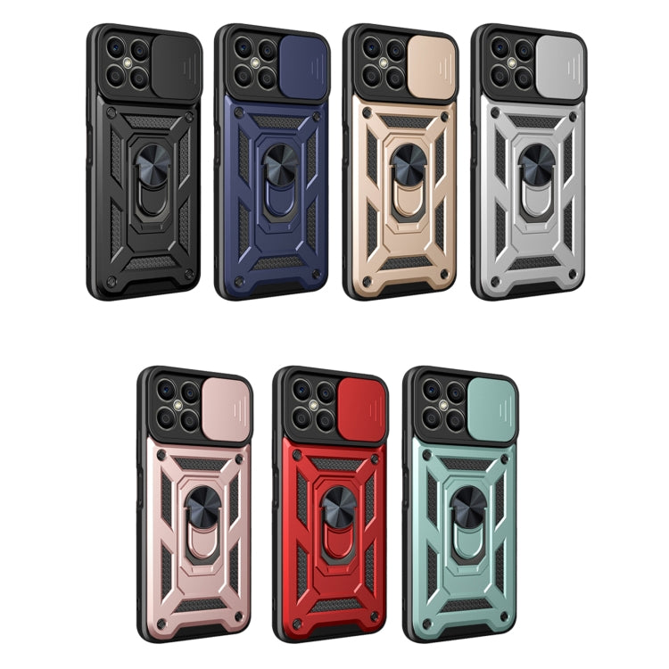 Set of rugged phone cases in black, blue, beige, and gray with sliding camera cover