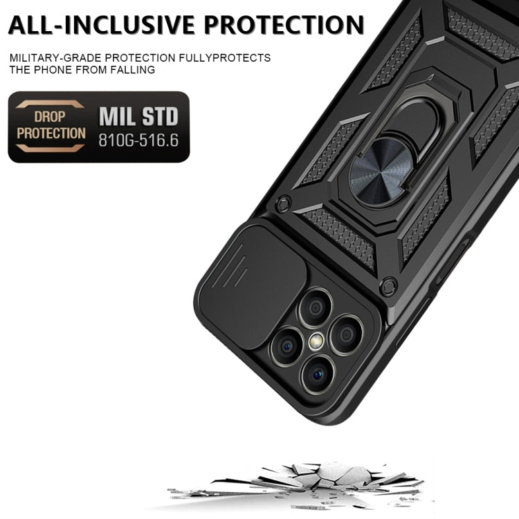 Black rugged phone case with sliding camera cover and circular ring kickstand