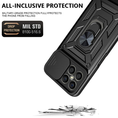 Black rugged phone case with sliding camera cover and circular ring kickstand