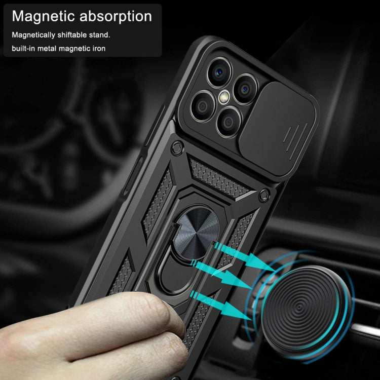 Black rugged phone case with sliding camera cover and metal ring stand