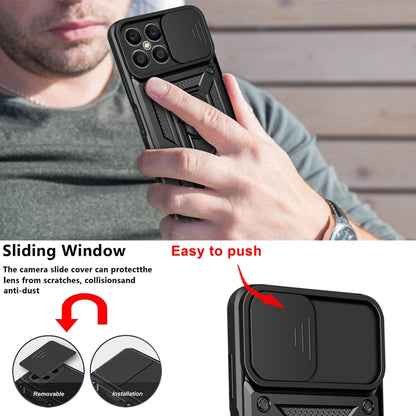 Black rugged phone case with sliding camera cover and ring kickstand