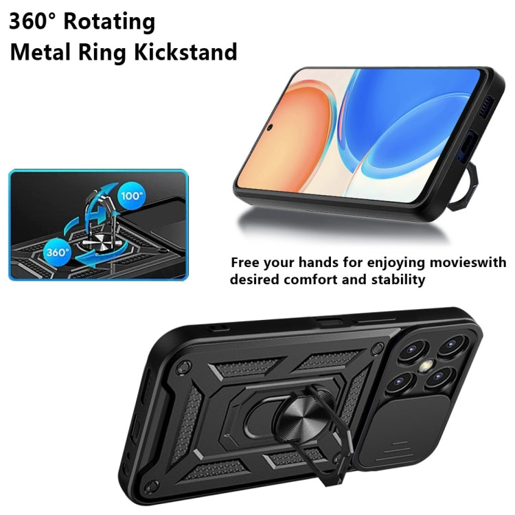 Black phone case with 360° rotating metal ring kickstand and sliding camera cover
