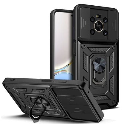 Black rugged phone case with sliding camera cover; kickstand and camera cutouts