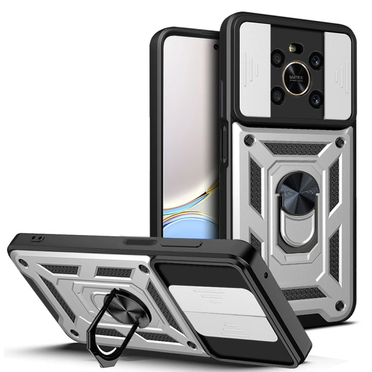 Silver rugged phone case with sliding camera cover; kickstand and camera cutouts