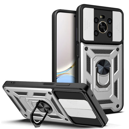 Silver rugged phone case with sliding camera cover; kickstand and camera cutouts