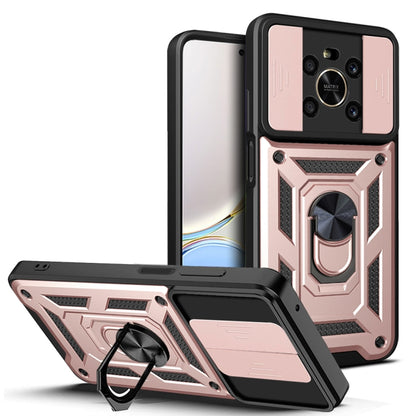 Rose gold rugged phone case with sliding camera cover; kickstand and camera cutouts