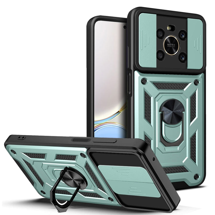 Sliding camera phone case with rugged armor and kickstand, teal and black