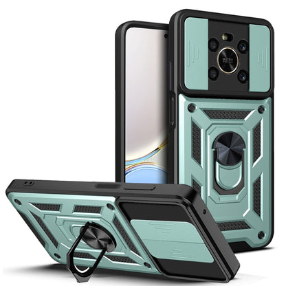 Sliding camera phone case with rugged armor and kickstand, teal and black