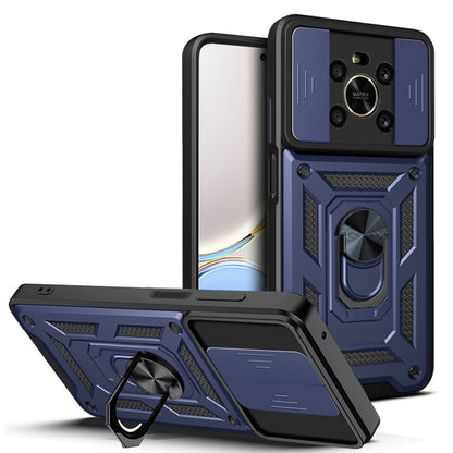 Sliding camera phone case with rugged armor and kickstand, dark blue and black