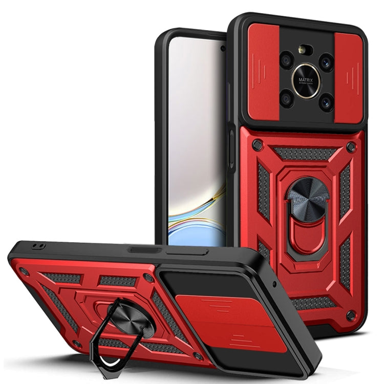 Sliding camera phone case with rugged armor and kickstand, red and black
