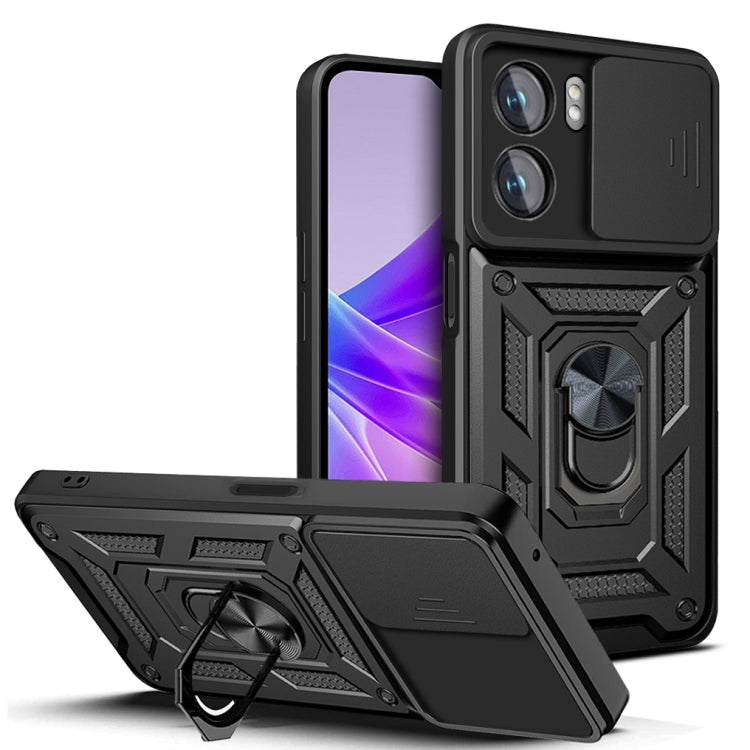 Sliding camera phone case with rugged armor and kickstand, black