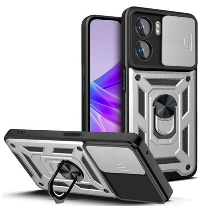 Sliding camera phone case with rugged armor and kickstand, light gray and black